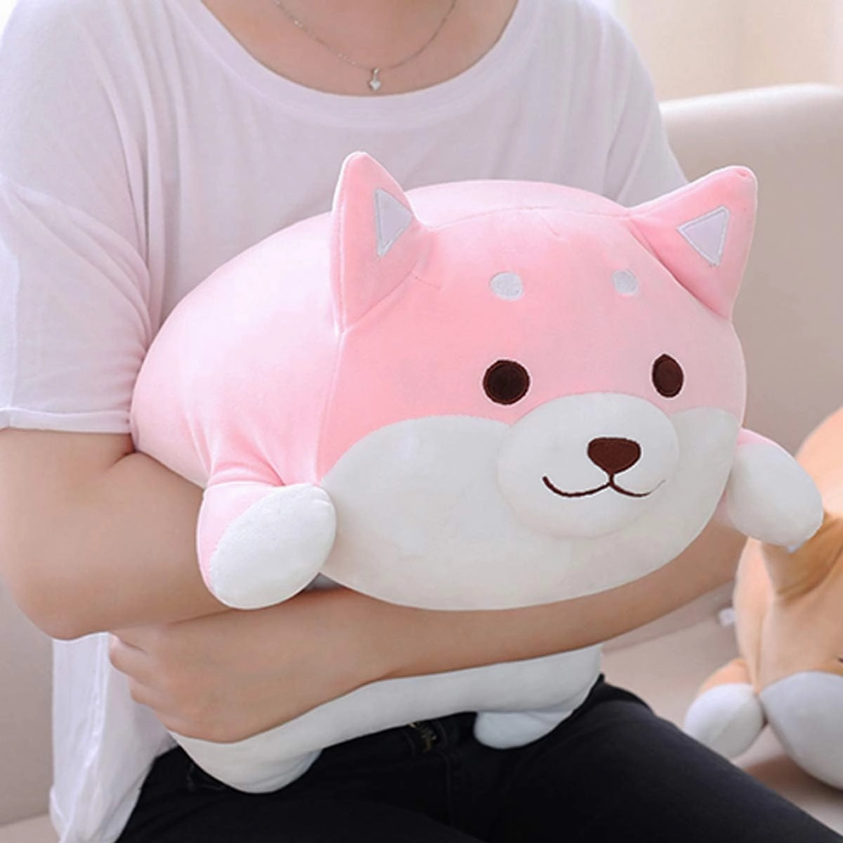 Shiba Inu Dog Plush Pillow,Soft Cute Corgi Stuffed Animals Doll Toys Gifts for Valentine, Christmas, Birthday, Bed, Sofa Chair (Pink Round Eye, 21.3in)