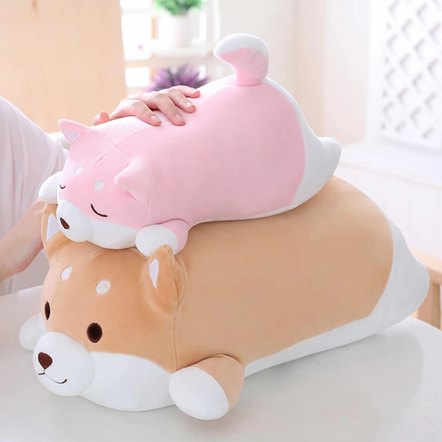 Shiba Inu Dog Plush Pillow,Soft Cute Corgi Stuffed Animals Doll Toys Gifts for Valentine, Christmas, Birthday, Bed, Sofa Chair (Pink Round Eye, 21.3in)