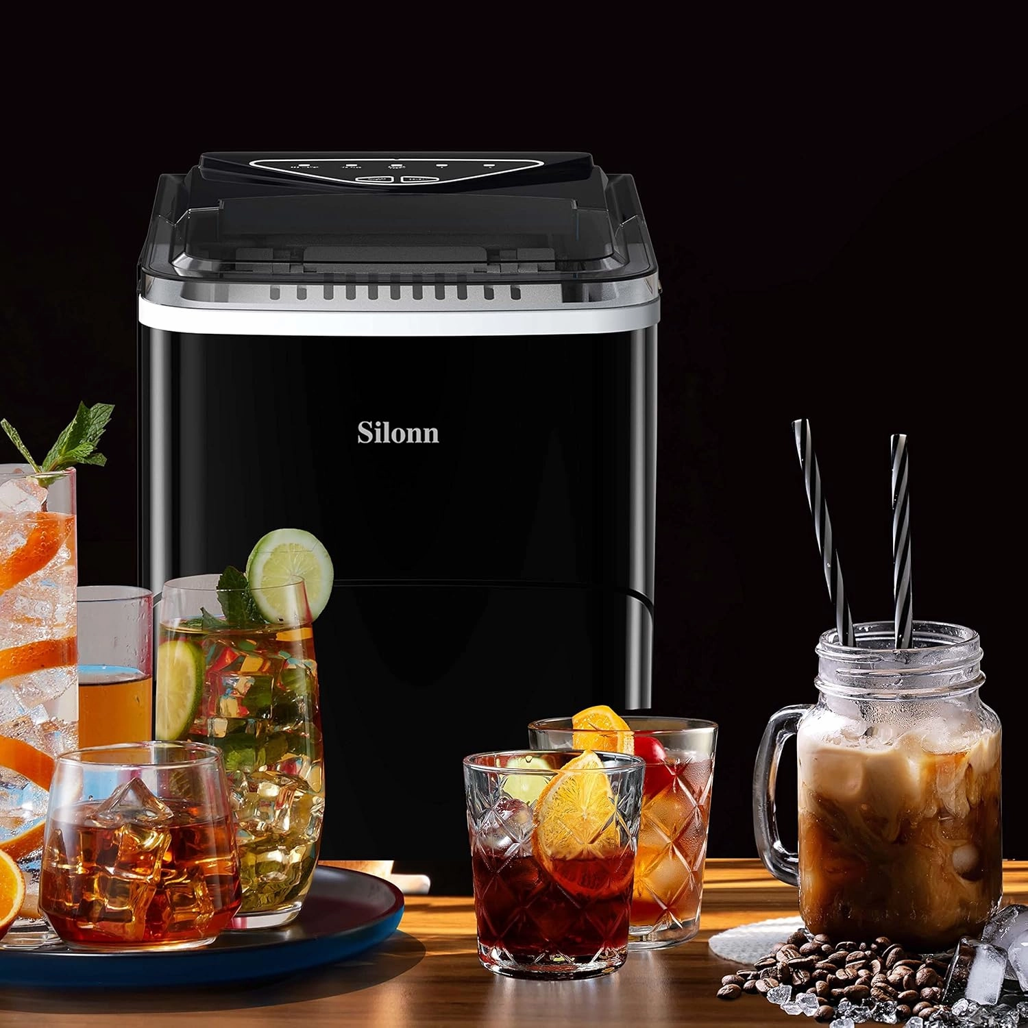 Silonn Ice Maker Countertop, 9 Cubes Ready in 6 Mins, 26lbs in 24Hrs, Self-Cleaning Ice Machine with Ice Scoop and Basket, 2 Sizes of Bullet Ice for Home Kitchen Office Bar Party
