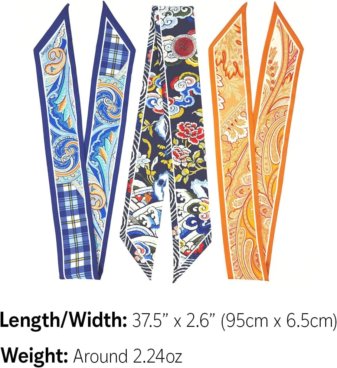 Skinny Scarf 3-Pack - Floral Paisley Slim Silk Feel Scarves for Hair, Neck, Handbag - Lightweight, Gift-Ready