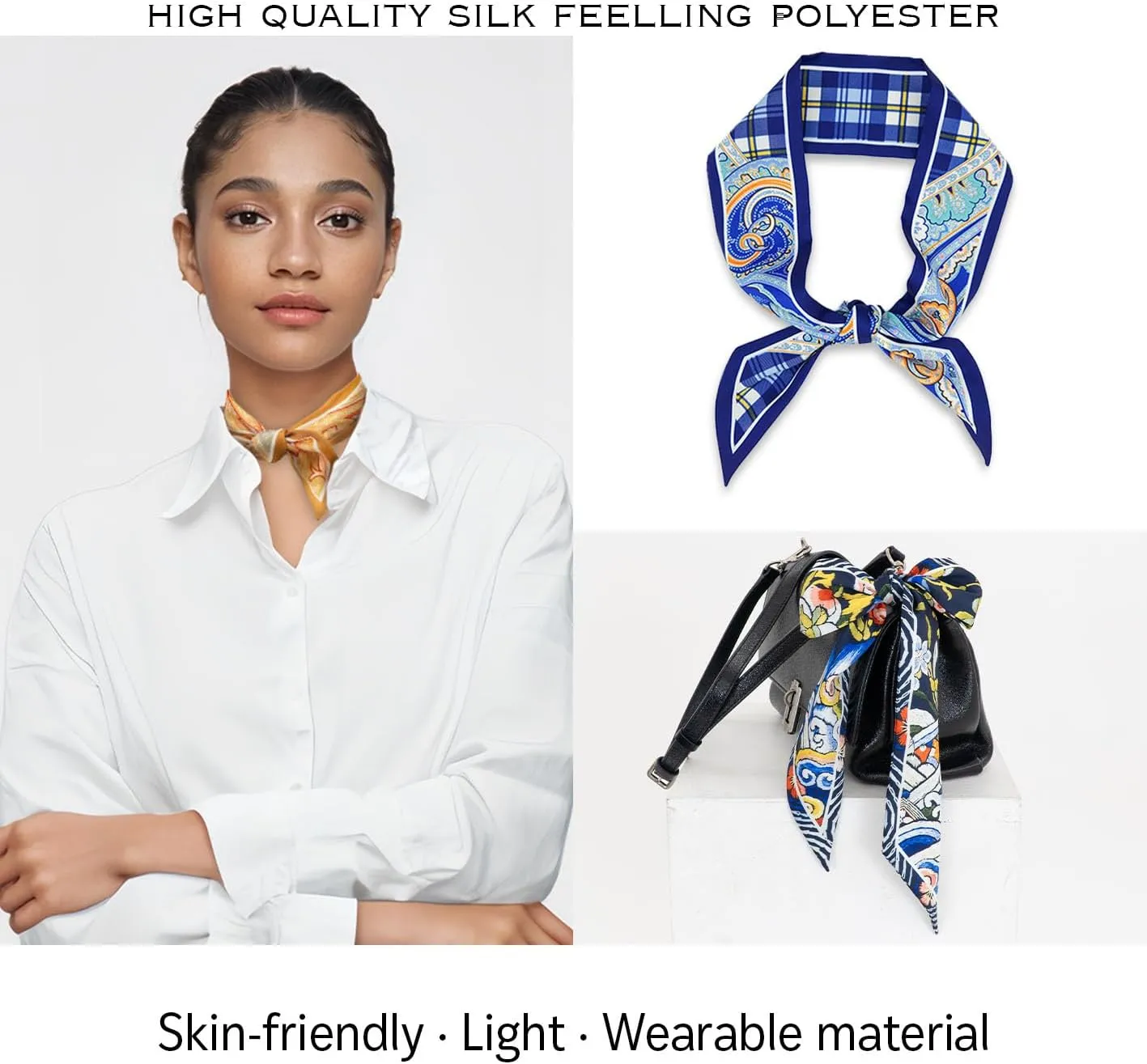 Skinny Scarf 3-Pack - Floral Paisley Slim Silk Feel Scarves for Hair, Neck, Handbag - Lightweight, Gift-Ready
