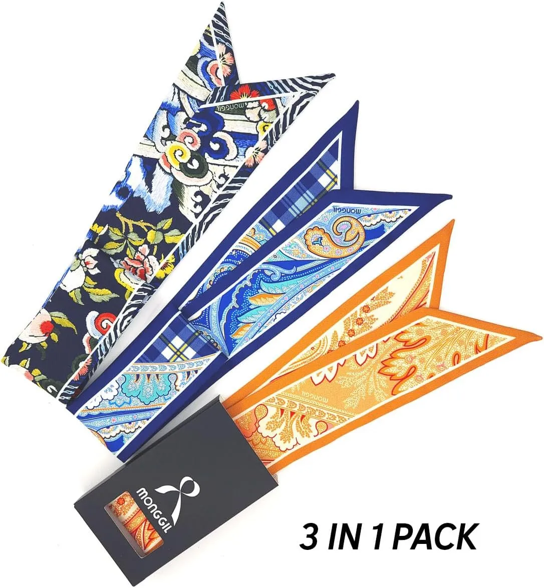 Skinny Scarf 3-Pack - Floral Paisley Slim Silk Feel Scarves for Hair, Neck, Handbag - Lightweight, Gift-Ready