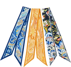Skinny Scarf 3-Pack - Floral Paisley Slim Silk Feel Scarves for Hair, Neck, Handbag - Lightweight, Gift-Ready