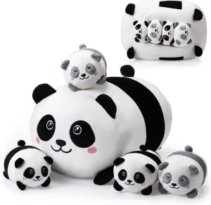 Skylety 5 Pcs Panda Stuffed Animal 14 Inch Mommy Panda Plush Pillow with 4 Babies Small Soft Plush Set Gift for Birthday Baby Shower Party Favors(Cute Style)