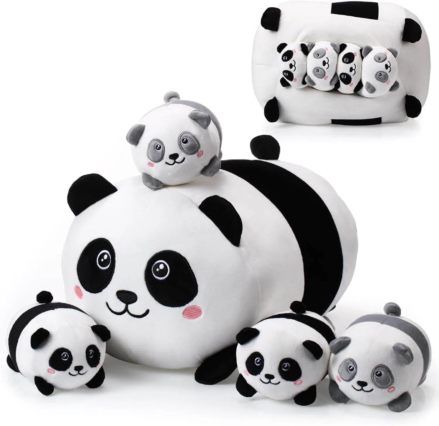 Skylety 5 Pcs Panda Stuffed Animal 14 Inch Mommy Panda Plush Pillow with 4 Babies Small Soft Plush Set Gift for Birthday Baby Shower Party Favors(Cute Style)