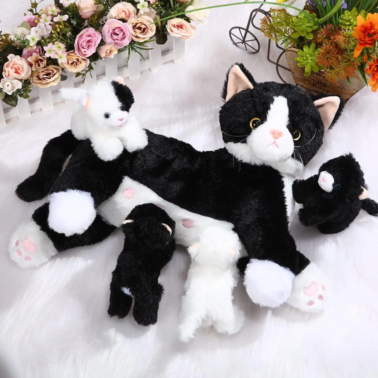 Skylety Nurturing Cat Stuffed Animal with 4 Plush Kittens, Cat Baby Stuffed for Girls and Boys Plushy Mommy Kitty with Baby Kittens for Birthday Party Favors Gifts(Fluffy Style)