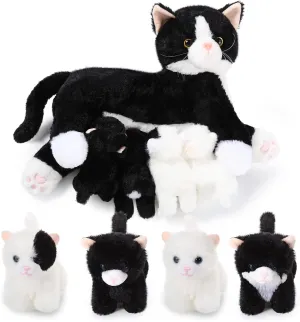 Skylety Nurturing Cat Stuffed Animal with 4 Plush Kittens, Cat Baby Stuffed for Girls and Boys Plushy Mommy Kitty with Baby Kittens for Birthday Party Favors Gifts(Fluffy Style)