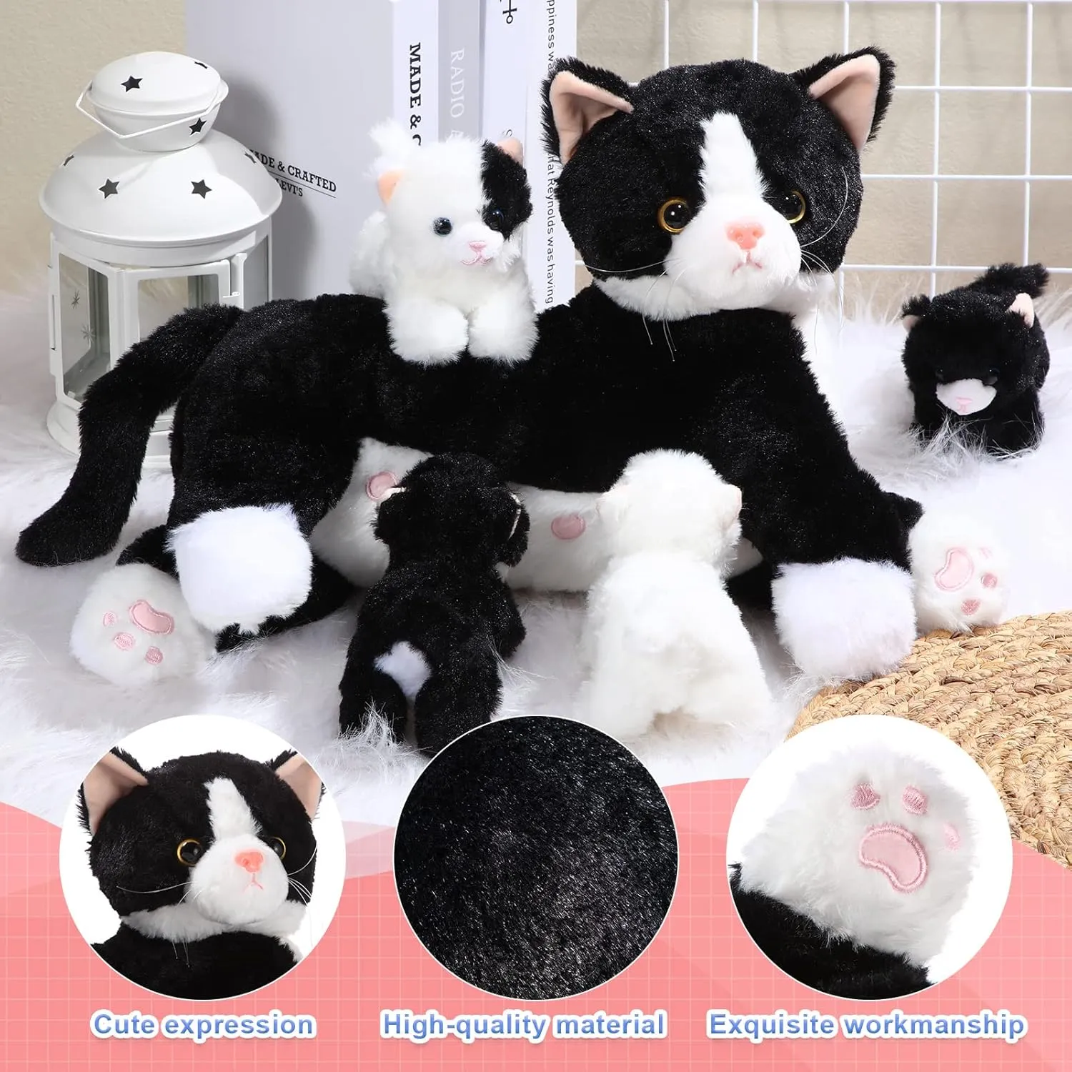 Skylety Nurturing Cat Stuffed Animal with 4 Plush Kittens, Cat Baby Stuffed for Girls and Boys Plushy Mommy Kitty with Baby Kittens for Birthday Party Favors Gifts(Fluffy Style)