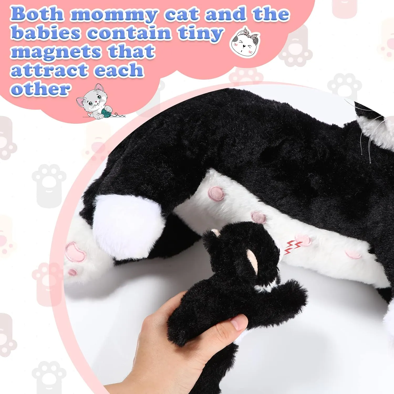 Skylety Nurturing Cat Stuffed Animal with 4 Plush Kittens, Cat Baby Stuffed for Girls and Boys Plushy Mommy Kitty with Baby Kittens for Birthday Party Favors Gifts(Fluffy Style)