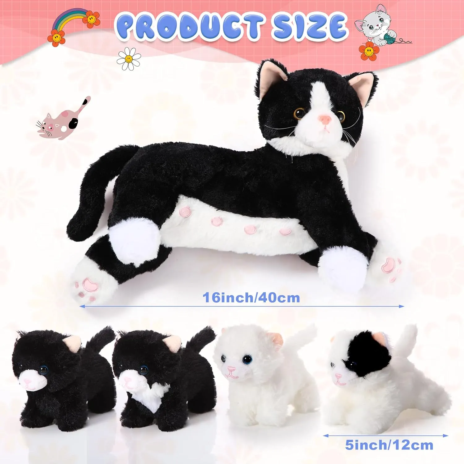 Skylety Nurturing Cat Stuffed Animal with 4 Plush Kittens, Cat Baby Stuffed for Girls and Boys Plushy Mommy Kitty with Baby Kittens for Birthday Party Favors Gifts(Fluffy Style)