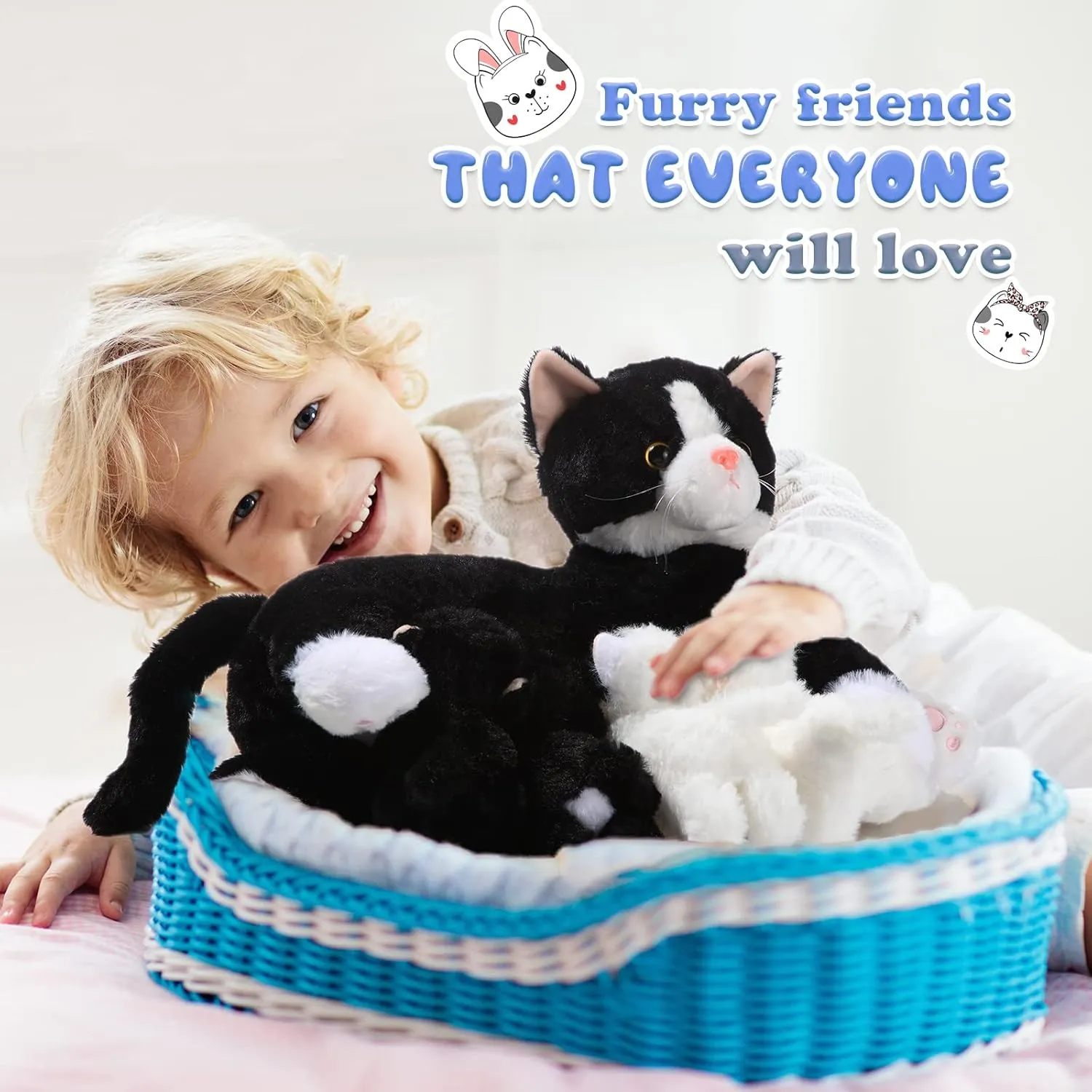Skylety Nurturing Cat Stuffed Animal with 4 Plush Kittens, Cat Baby Stuffed for Girls and Boys Plushy Mommy Kitty with Baby Kittens for Birthday Party Favors Gifts(Fluffy Style)
