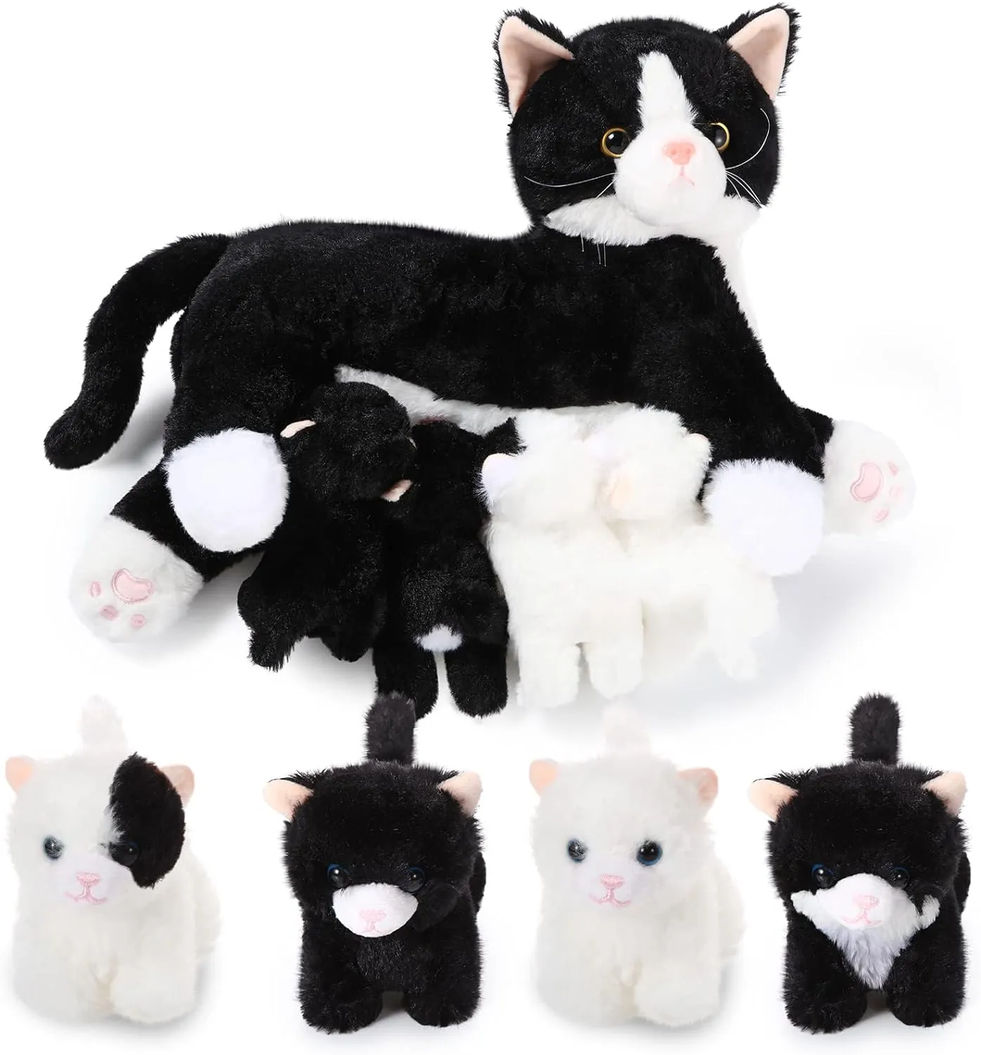 Skylety Nurturing Cat Stuffed Animal with 4 Plush Kittens, Cat Baby Stuffed for Girls and Boys Plushy Mommy Kitty with Baby Kittens for Birthday Party Favors Gifts(Fluffy Style)