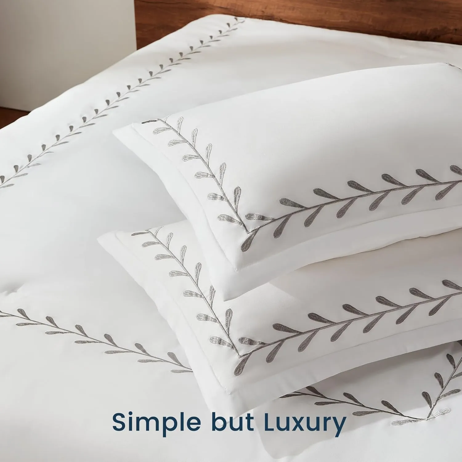 SLEEP ZONE Queen Comforter Set, Luxury Hotel Collection Comforter, 3 Pieces Fluffy Lightweight Down Alternative Duvet Insert with Embroidered Stripes (Olive Leaves, Full/Queen)