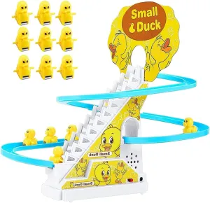 Small Ducks Climbing Toys,Electric Duck Climbing Stairs Tracks Slide Toy Set,Duck Roller Coaster Toy with Flashing Lights & Music On/Off Button