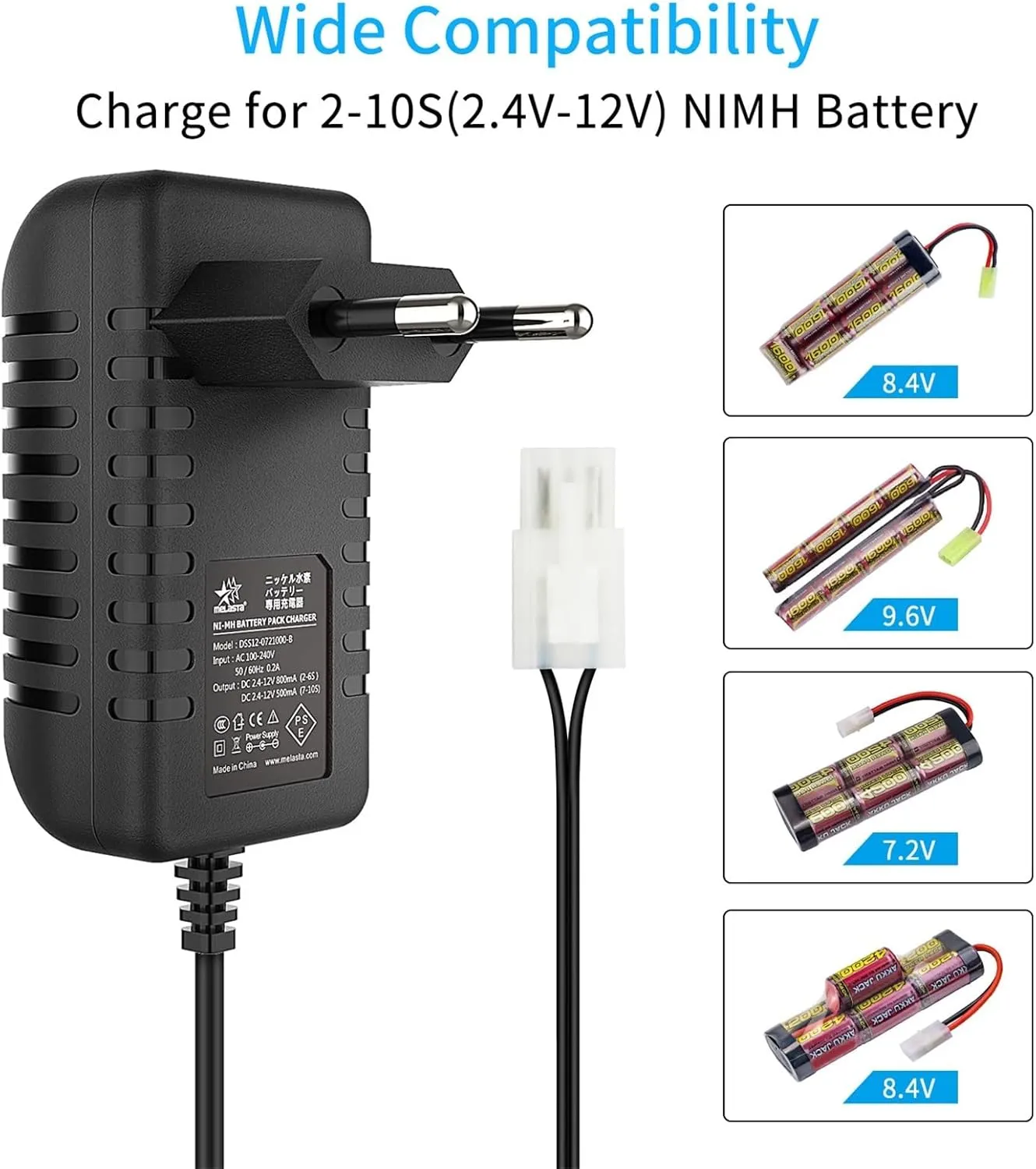 Smart 7.2V 8.4V 9.6V NiMH Battery Charger, Compatible for 2-10S, Airsoft Battery, RC Car Battery, Compatible for Mini Tamiya Connector(UK)