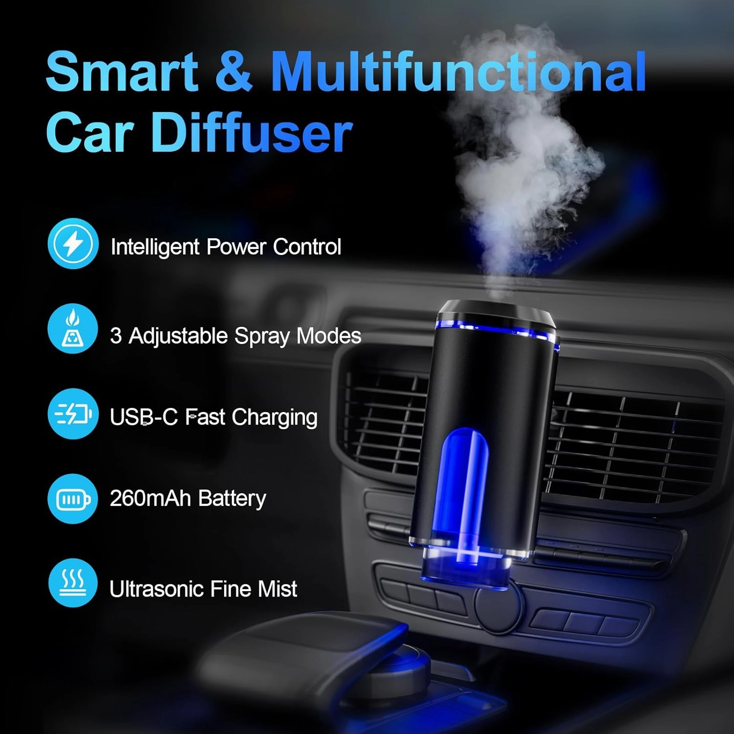 Smart Car Air Freshener with 3 Essential Oils, Car Fresheners Long Lasting, Rechargeable Auto Aroma Diffuser and DIY Perfume Choose, Smart Auto On/Off(Black)