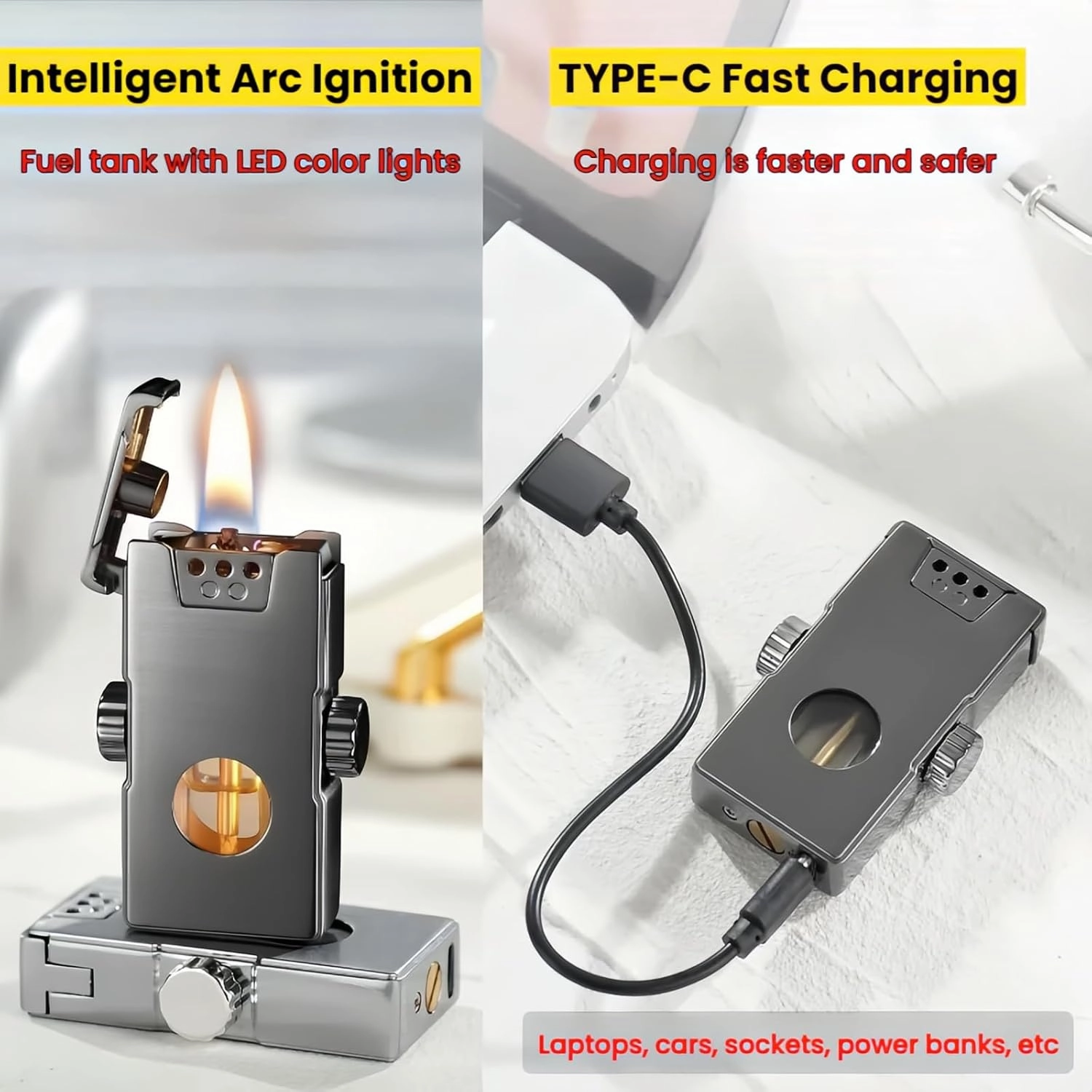 Smart Kerosene Lighter 4-Ignition Methods, Voice Activated Soft Flame Lighter, Spinner Mecha Design Refillable Lighters with Cool Colorful Breathing Light (Gold, No Fuel)