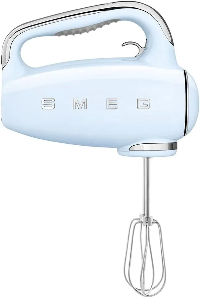 SMEG Pastel Blue 50's Retro Style Electric Hand Mixer with Set of Beaters, Set of Dough Hooks and Set of Whisks