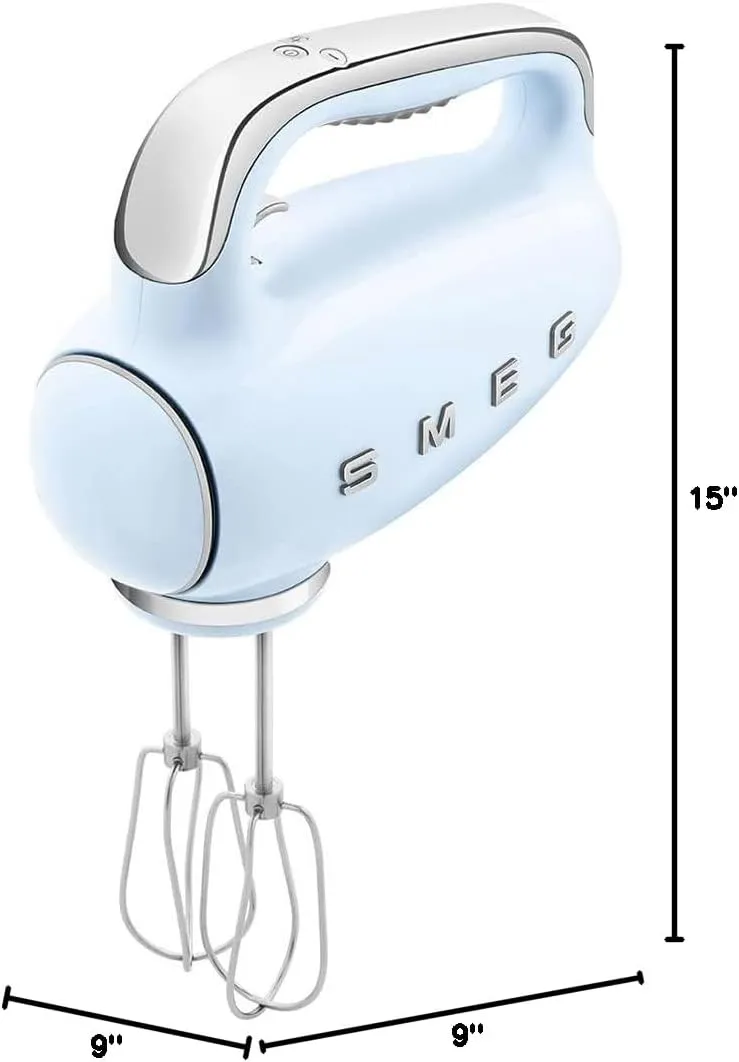 SMEG Pastel Blue 50's Retro Style Electric Hand Mixer with Set of Beaters, Set of Dough Hooks and Set of Whisks