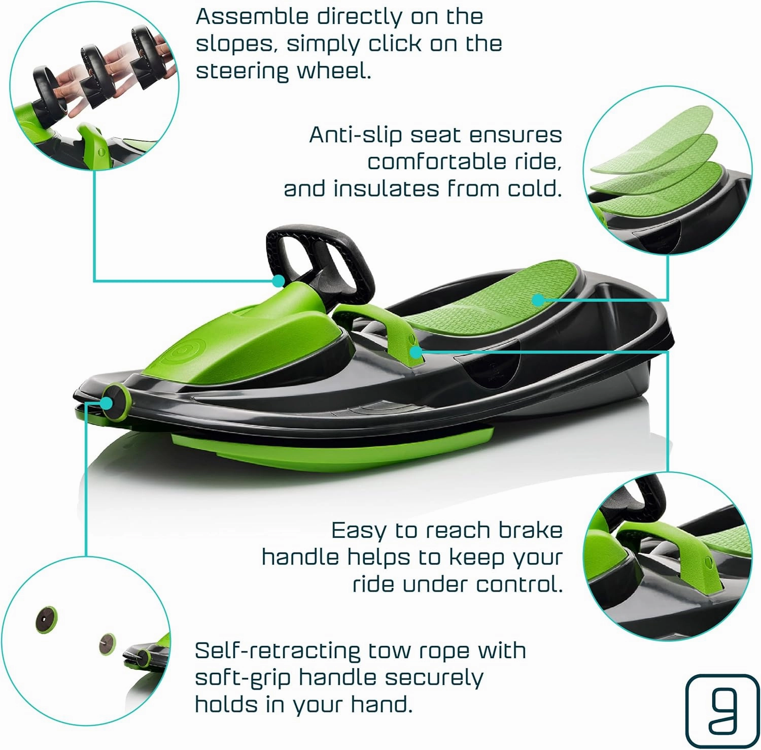 Snow Sled for Kids, Adults - Toboggan Sled, Easy Turning Steering Wheel, Anti-Slip Seat, Pull Up Brake, Durable Plastic Sled, Lightweight, Snow Sleds, Age 3  260 lbs
