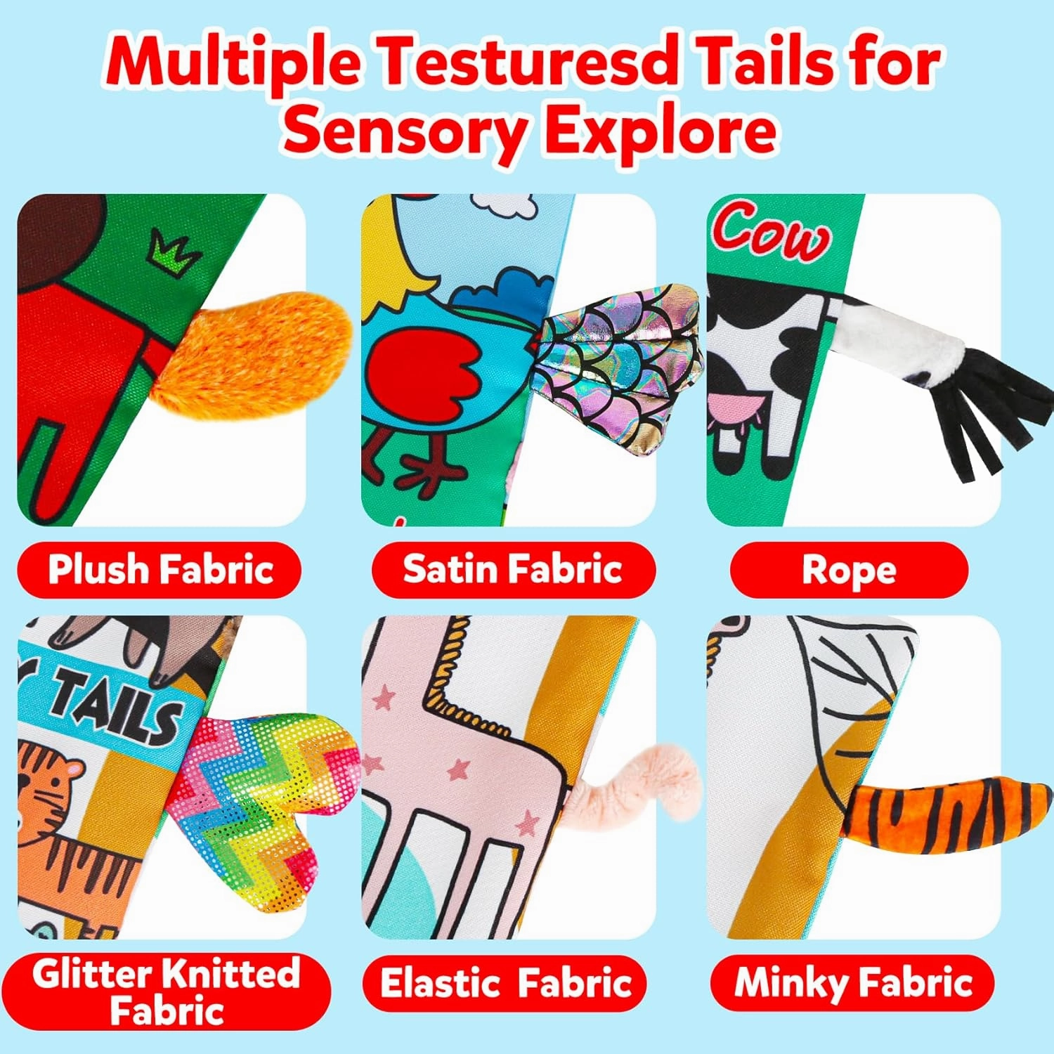 Soft Baby Book Animal Tails Baby Toy Touch and Feel Crinkle Cloth Book (Farm & Jungle Animals)