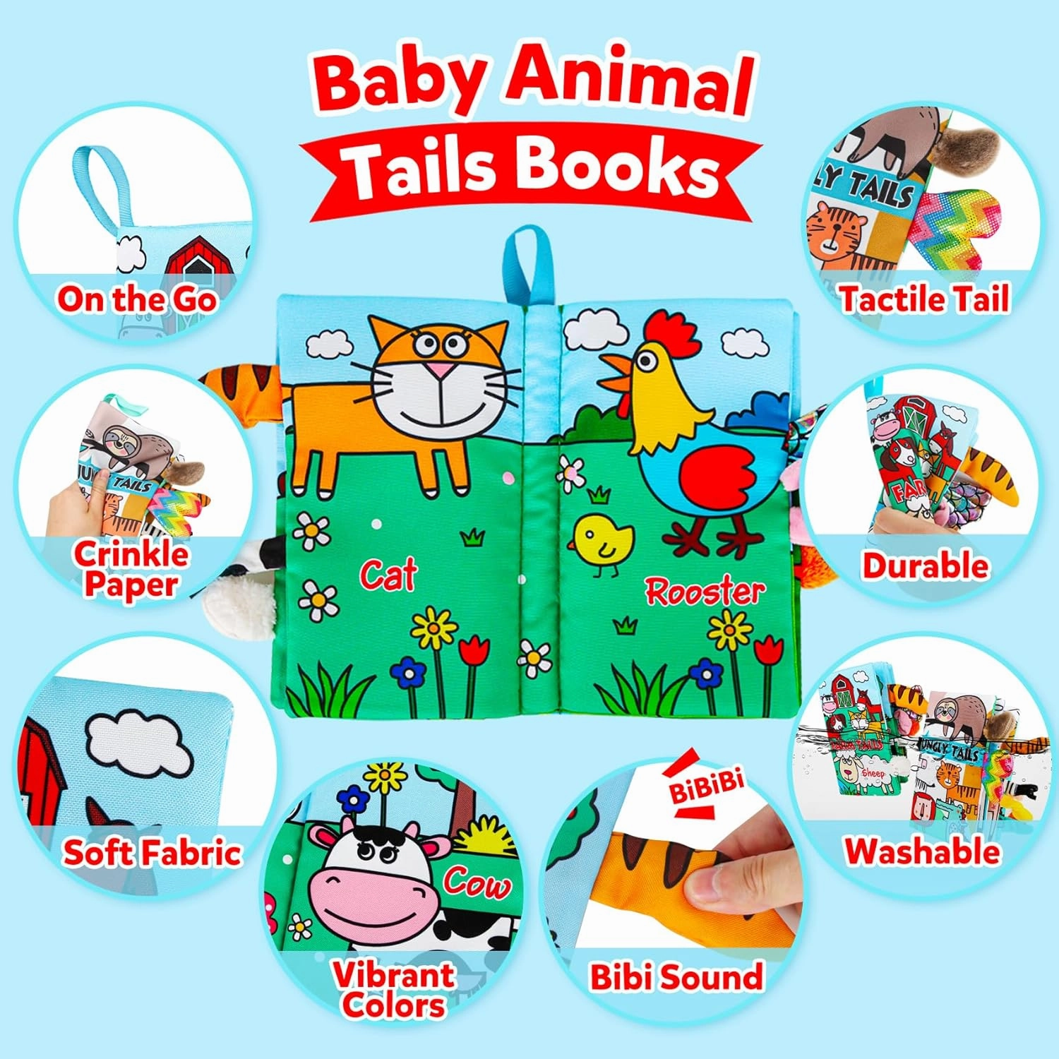 Soft Baby Book Animal Tails Baby Toy Touch and Feel Crinkle Cloth Book (Farm & Jungle Animals)