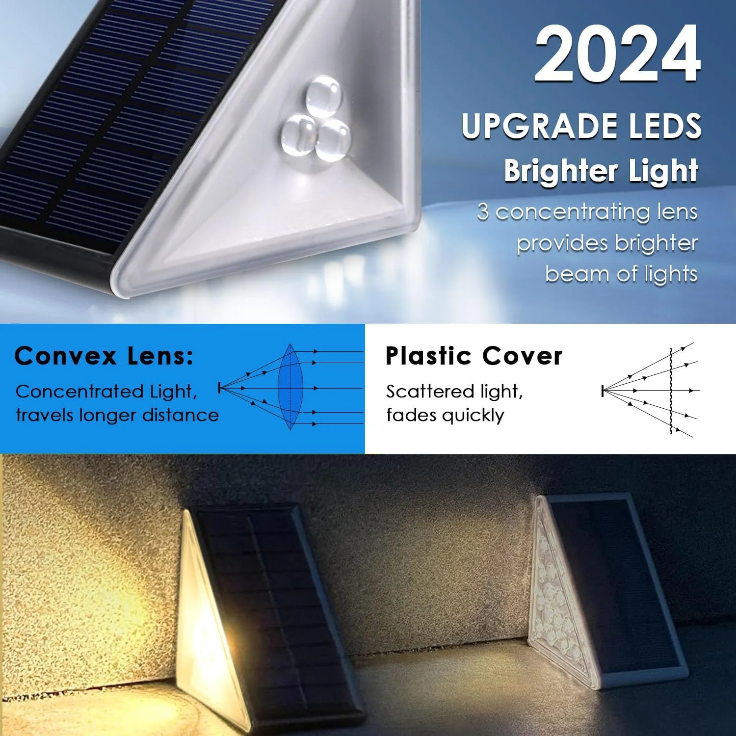 Solar Step Lights Outdoor Waterproof IP67, 12 Pack Solar Powered Stair Light with 3 LEDs, Triangle Solar Deck Light for Outside Garden Patio Yard Porch Front Door, Warm White