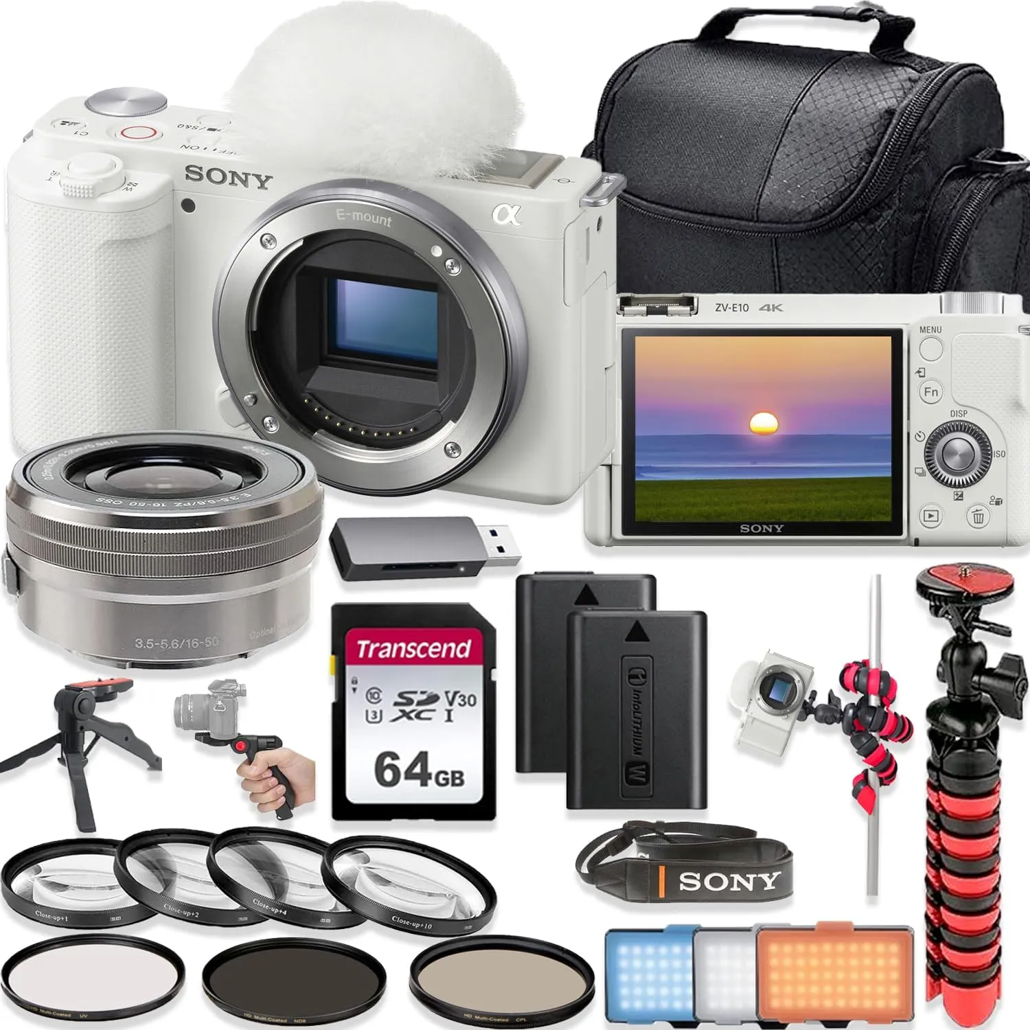 Sony ZV-E10 24.2MP 4K Video Recording Vlogging Mirrorless Camera with Sony E PZ 16-50mm f/3.5-5.6 OSS Lens (White) 64GB Memory Shoulder Bag Deluxe Accessory Bundle (Renewed)