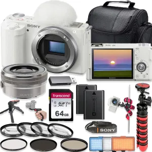 Sony ZV-E10 24.2MP 4K Video Recording Vlogging Mirrorless Camera with Sony E PZ 16-50mm f/3.5-5.6 OSS Lens (White) 64GB Memory Shoulder Bag Deluxe Accessory Bundle (Renewed)