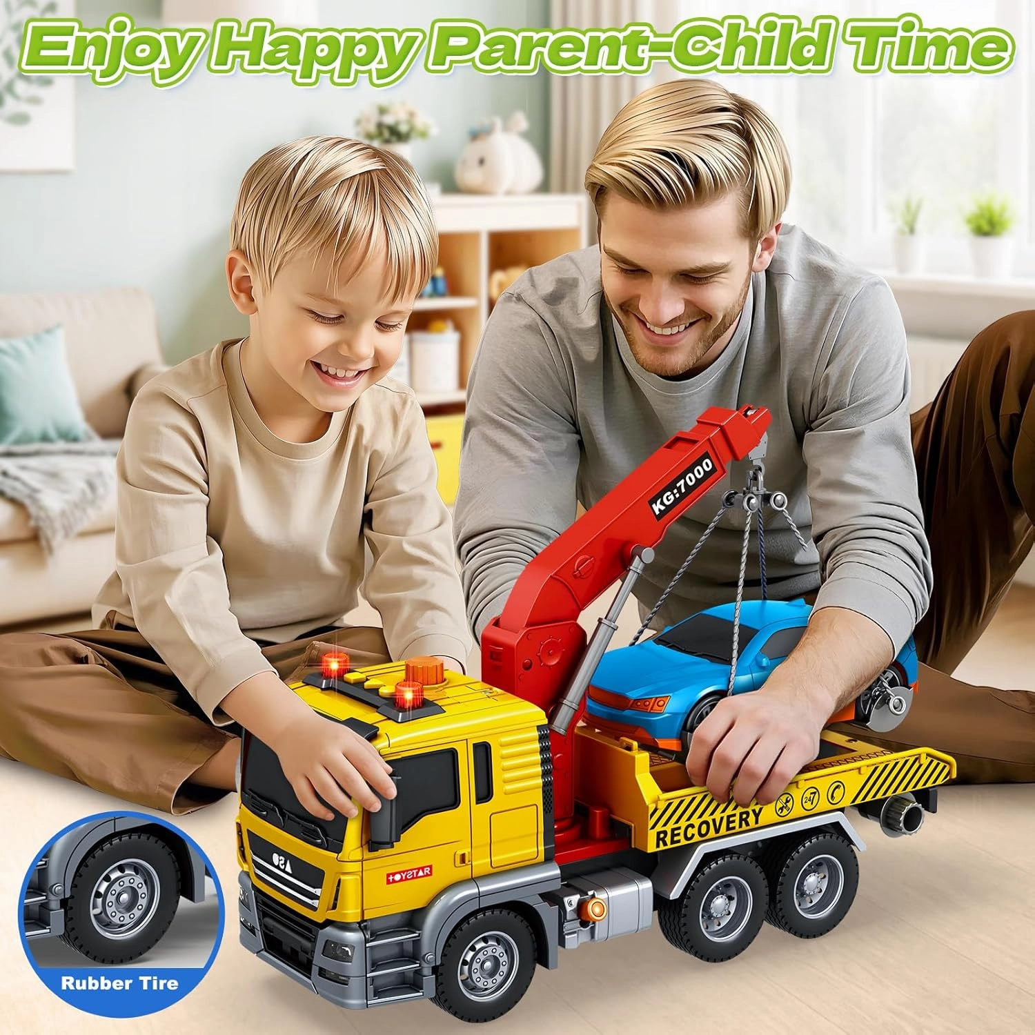 SpringFlower Tow Truck Toy, 3 4 5 6 Years Old Boy Toddlers Truck Vehicle, 12" Large Tow Toy with Racing Car Light Sound, Birthday Gifts for 3 4 5 6 Boys & Girls