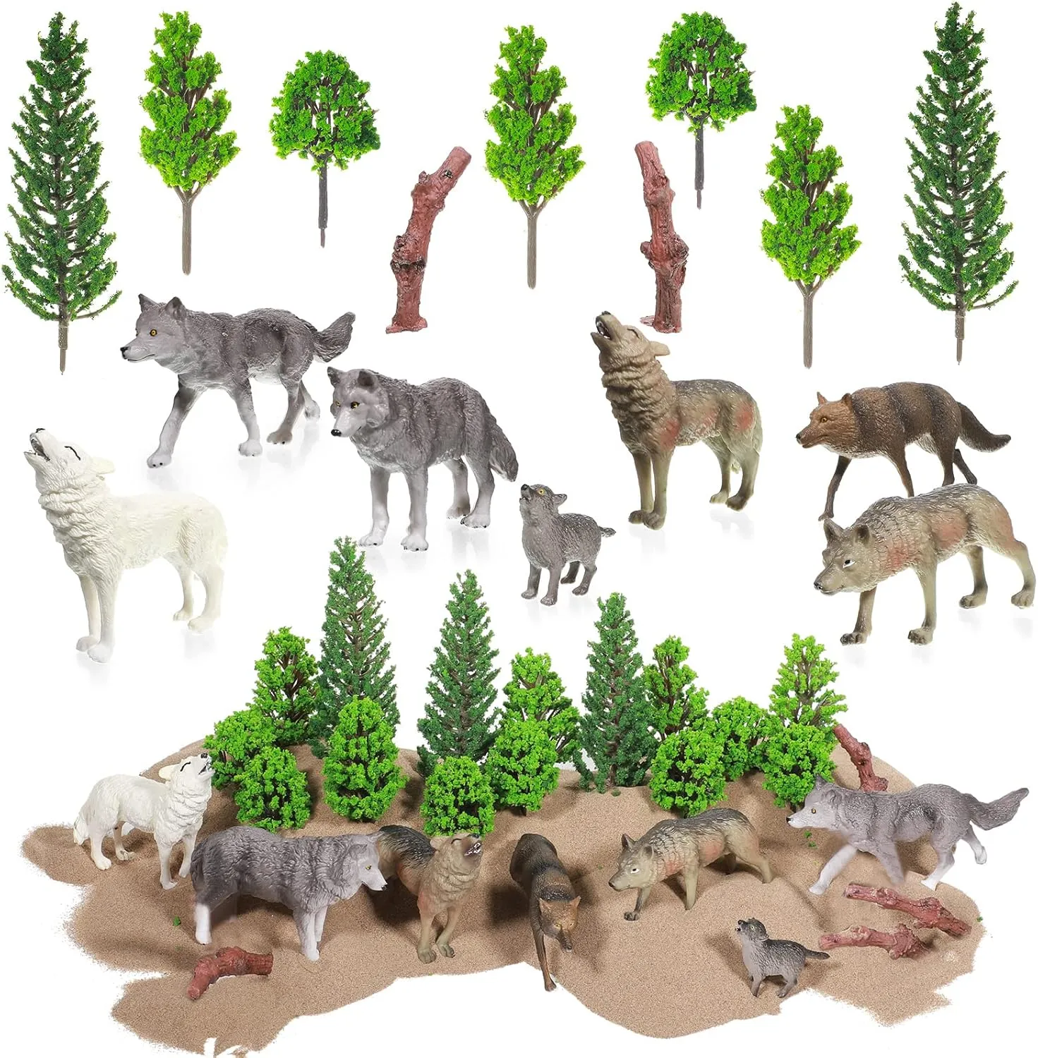 Sratte 26 Pcs Woodland Wolf Figurines Toys Small Wolf Figures with Model Trees Kit Playset Cake Toppers Diorama Project Kit for Kids Toddlers Birthday Gift Decor