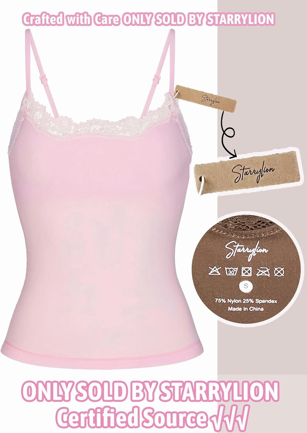 Starrylion Padded Lace Cami Top Double Lined Sexy Tank Top Spaghetti Strap Club Party Shirt