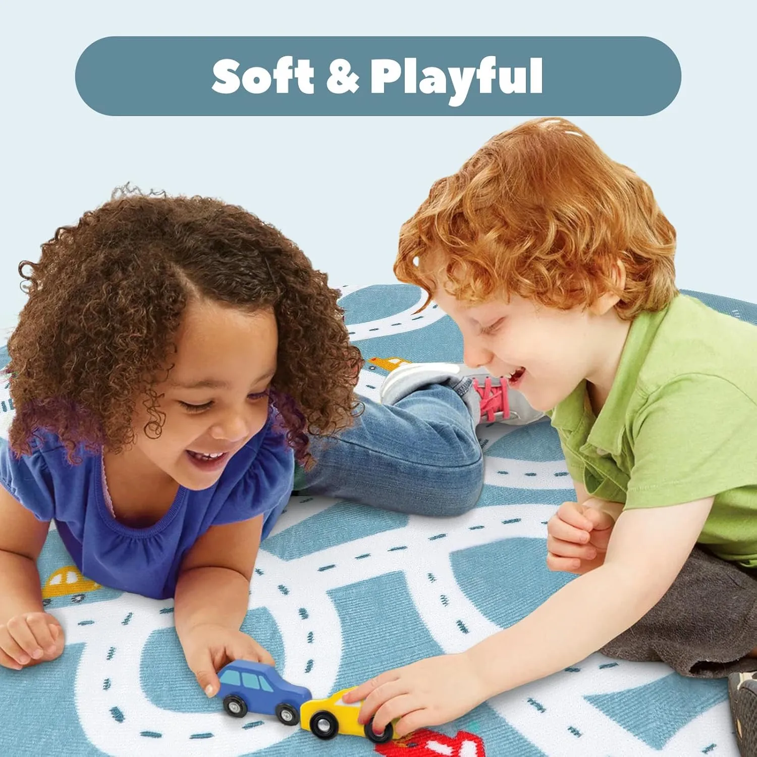 STARUIA Large Kids Playroom Rug, 4'x6' Washable Road Rug for Nursery, Non-Slip Fun Area Rug for Kids Room, Blue Car Rug Play Mat Soft Baby Carpet for Boys Girls Dorm Toy Room Tent