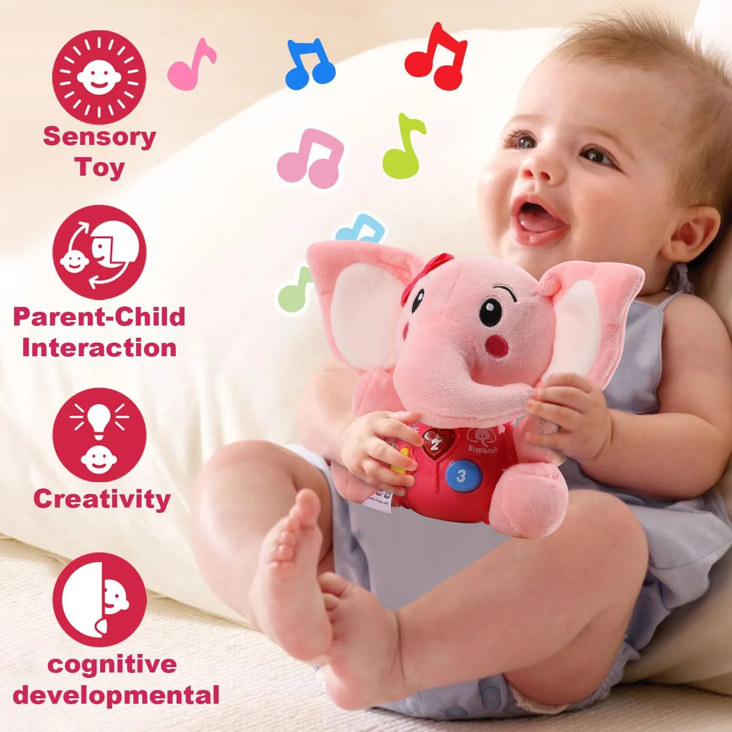 STEAM Life Musical Toys Gift for Baby Newborn 0-6 Month Infant - Plush Elephant Pink