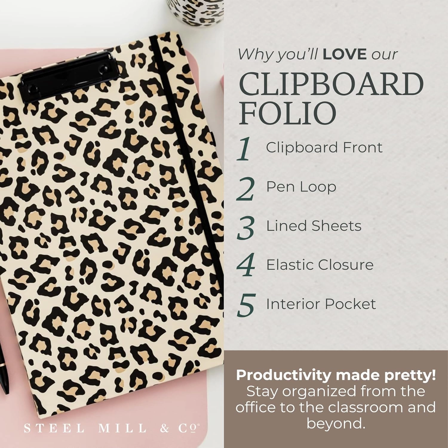 Steel Mill & Co Cute Clipboard Folio with Refillable Lined Notepad and Interior Storage Pocket, Padfolio for Work, Leopard