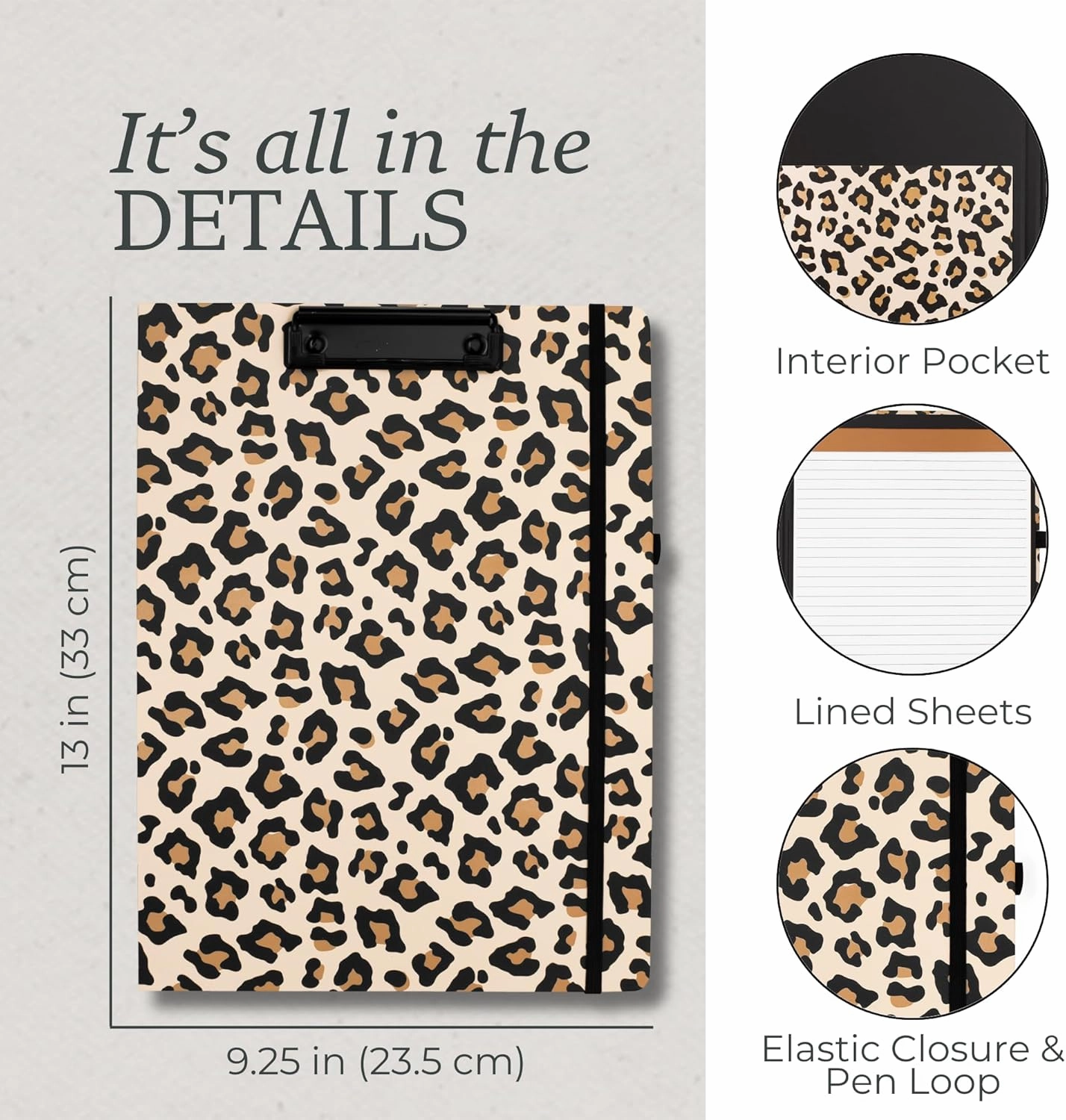 Steel Mill & Co Cute Clipboard Folio with Refillable Lined Notepad and Interior Storage Pocket, Padfolio for Work, Leopard