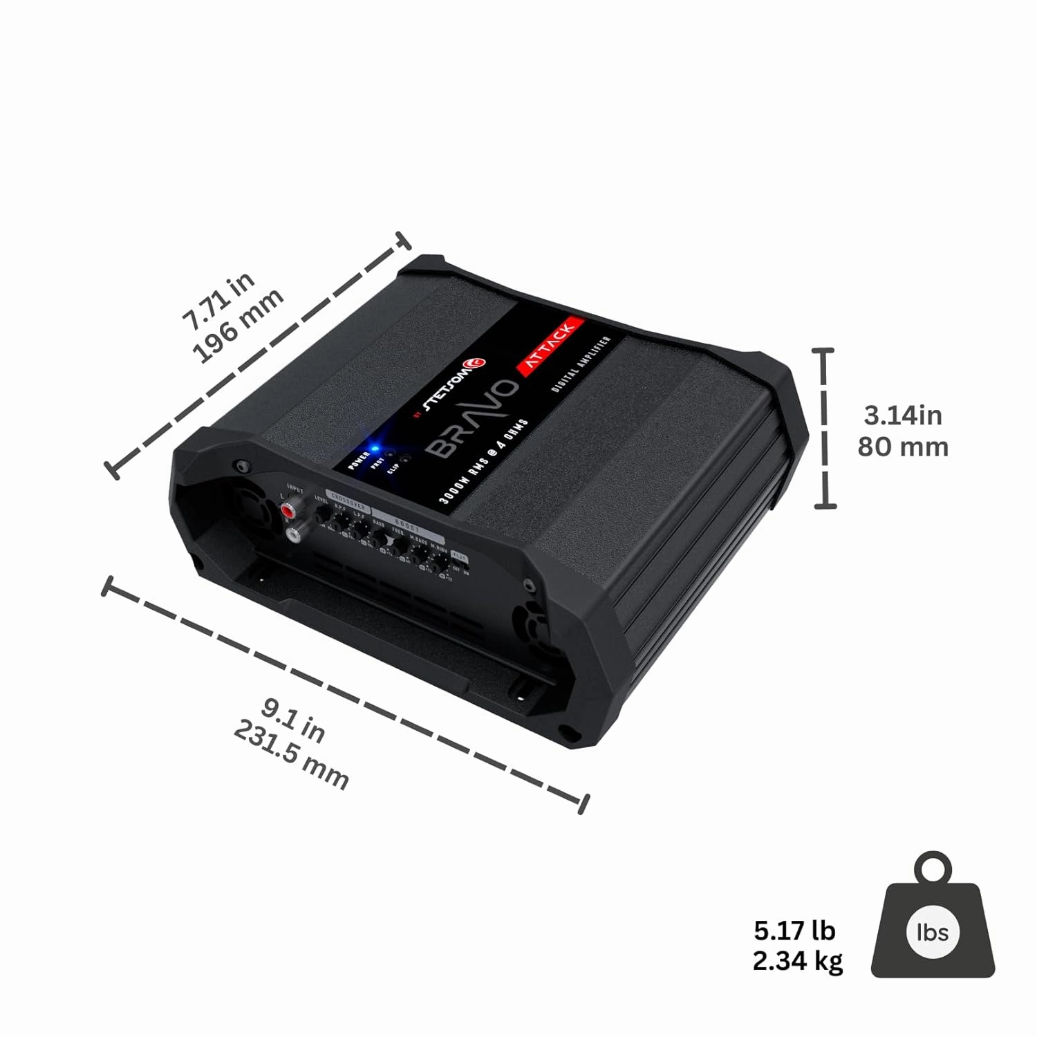 Stetsom Bravo Attack 3000 4 Ohms Mono Car Amplifier, 3000.1 3K Watts RMS, 4Ω Stable Car Audio, Full Range HD Sound Quality, 3000x1, Crossover & Bass Boost, Car Stereo Speaker MD, Smart Coolers
