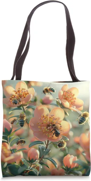 Stock Flower Blooming With Bees Around Graphic Tote Bag