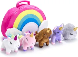 Stuffed Toy Unicorn Animal Set – Set of 5 Stuff Toys - Graduationwith Rainbow Carry Bag - 2 Unicorns, Kitty, Puppy, and Narwhal – Toddler Birthday Gift for Girl Idea Age 3, 4, 5, 6, 7, 8 Year Old