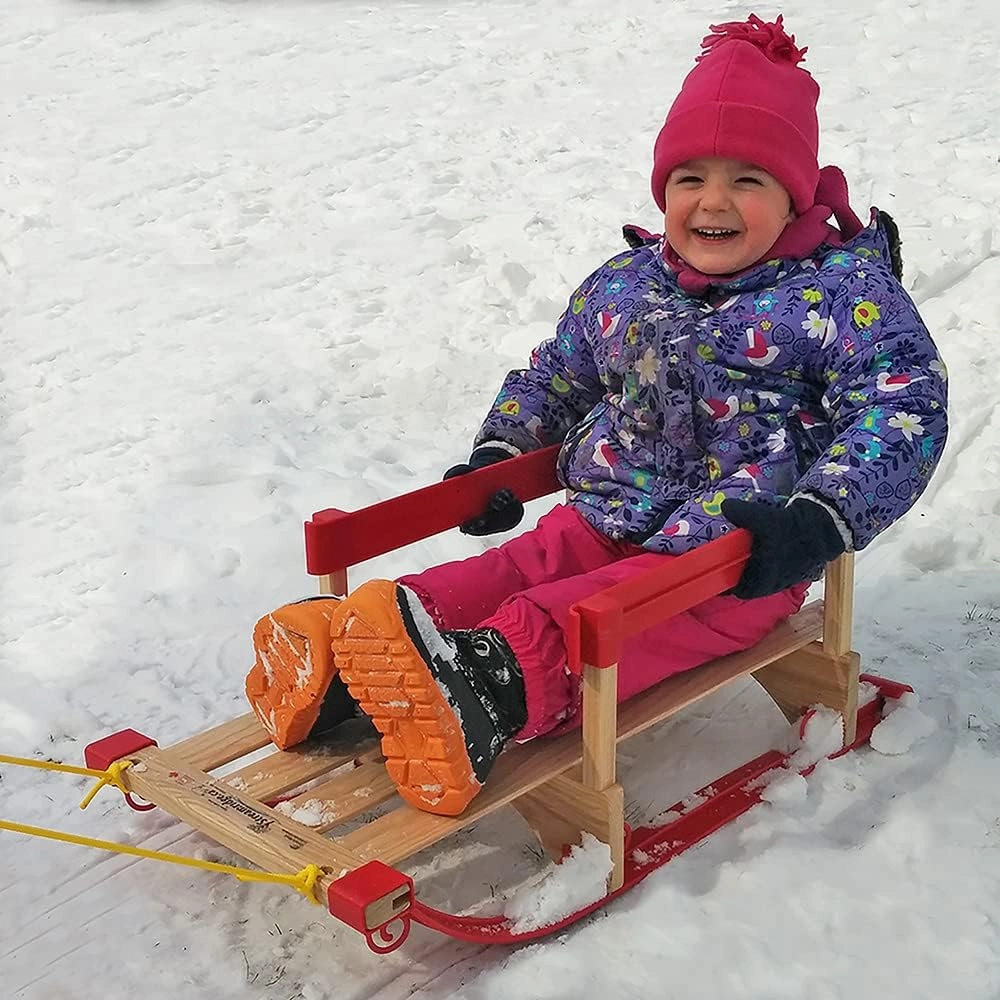 Superio Children Wooden Sled, Snow Sled for Toddlers, Kids Sleigh with Pull Ropes and Cushion, Baby Sled
