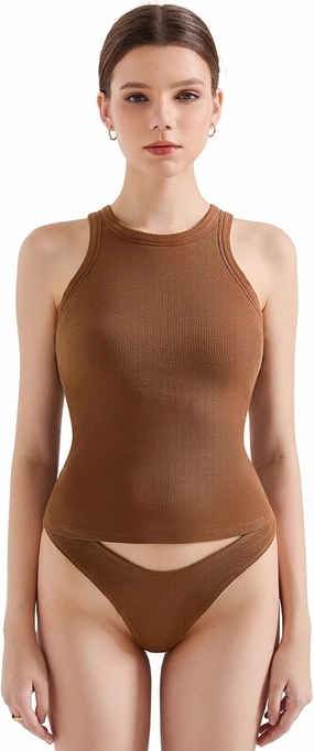 SUUKSESS Women Padded Cotton Ribbed Tank Tops 2025 High Neck Racerback Basic Tops