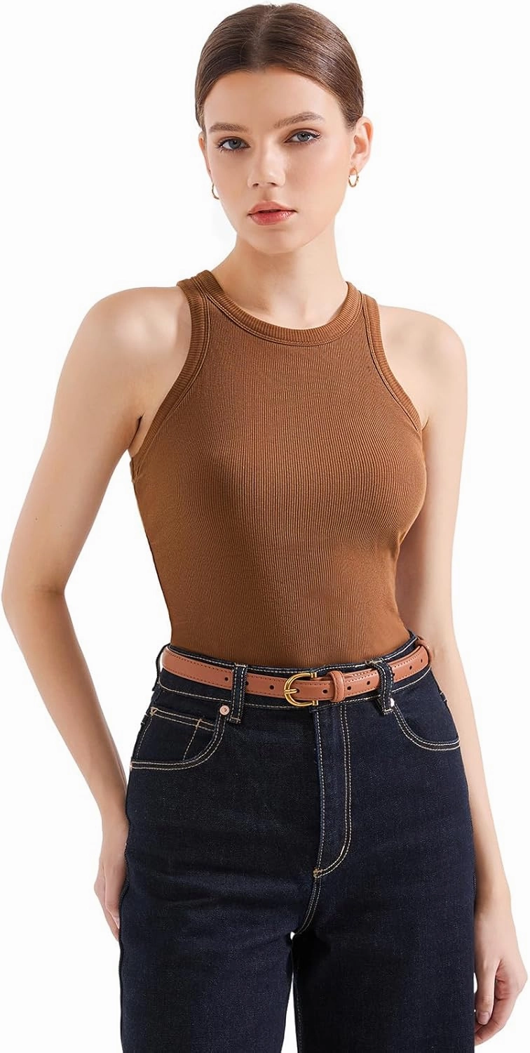 SUUKSESS Women Padded Cotton Ribbed Tank Tops 2025 High Neck Racerback Basic Tops