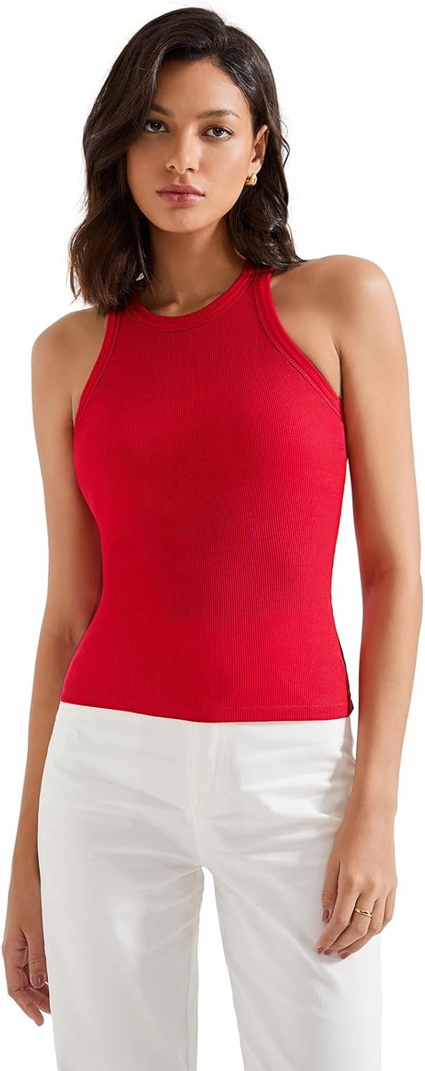 SUUKSESS Women Padded Cotton Ribbed Tank Tops 2025 High Neck Racerback Basic Tops
