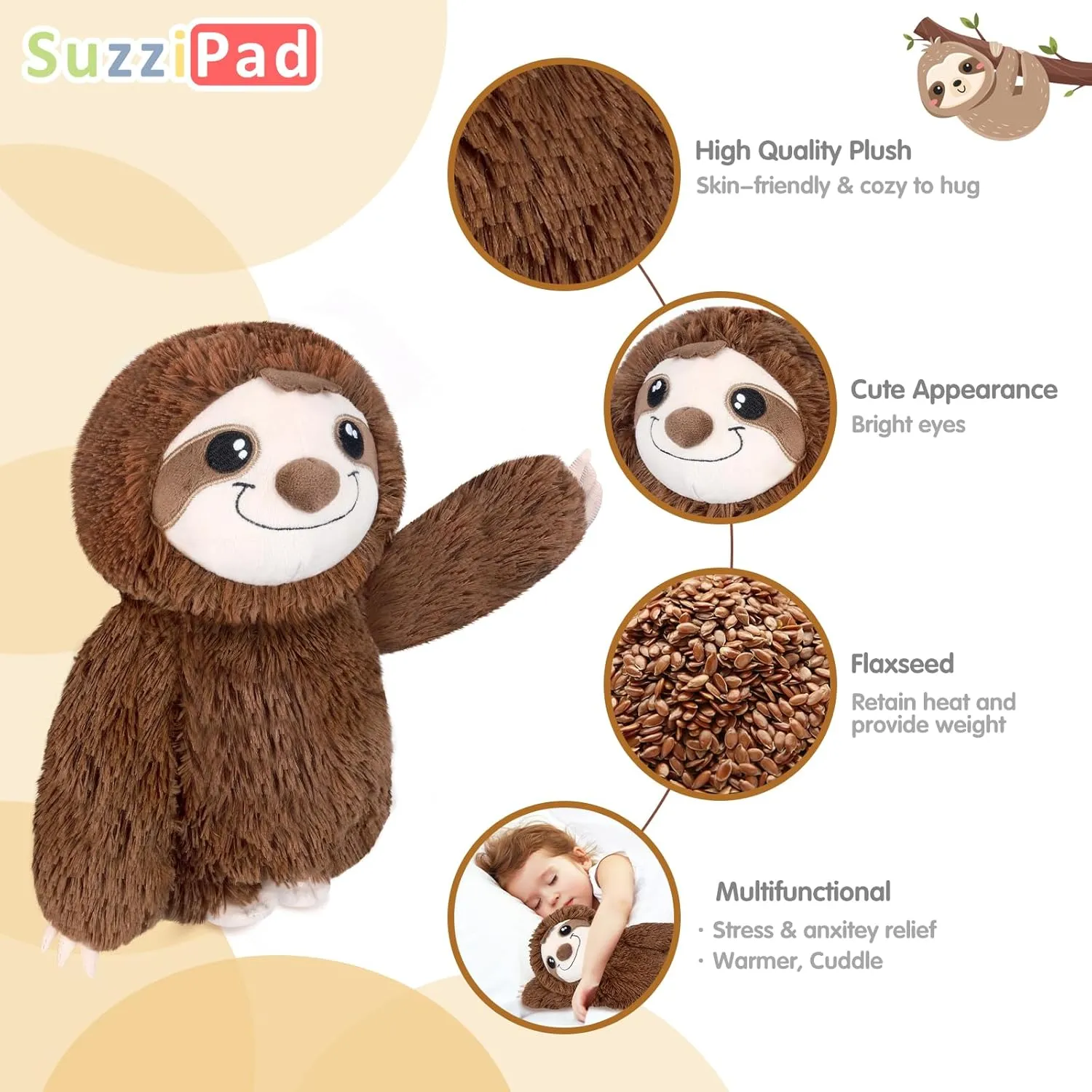 SuzziPad Microwavable Stuffed Animal, Heated Sloth Plush for Anxiety, Bedtime, Cuddle & Companion, Soreness & Stress Relief, Warmer Plueshies, Microwave Heating Pad, Gifts for Women, Brown
