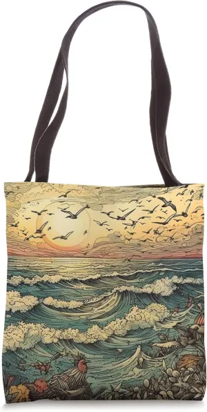 Swarm Of Birds Sundown Ocean Colorful Graphic Tote Bag
