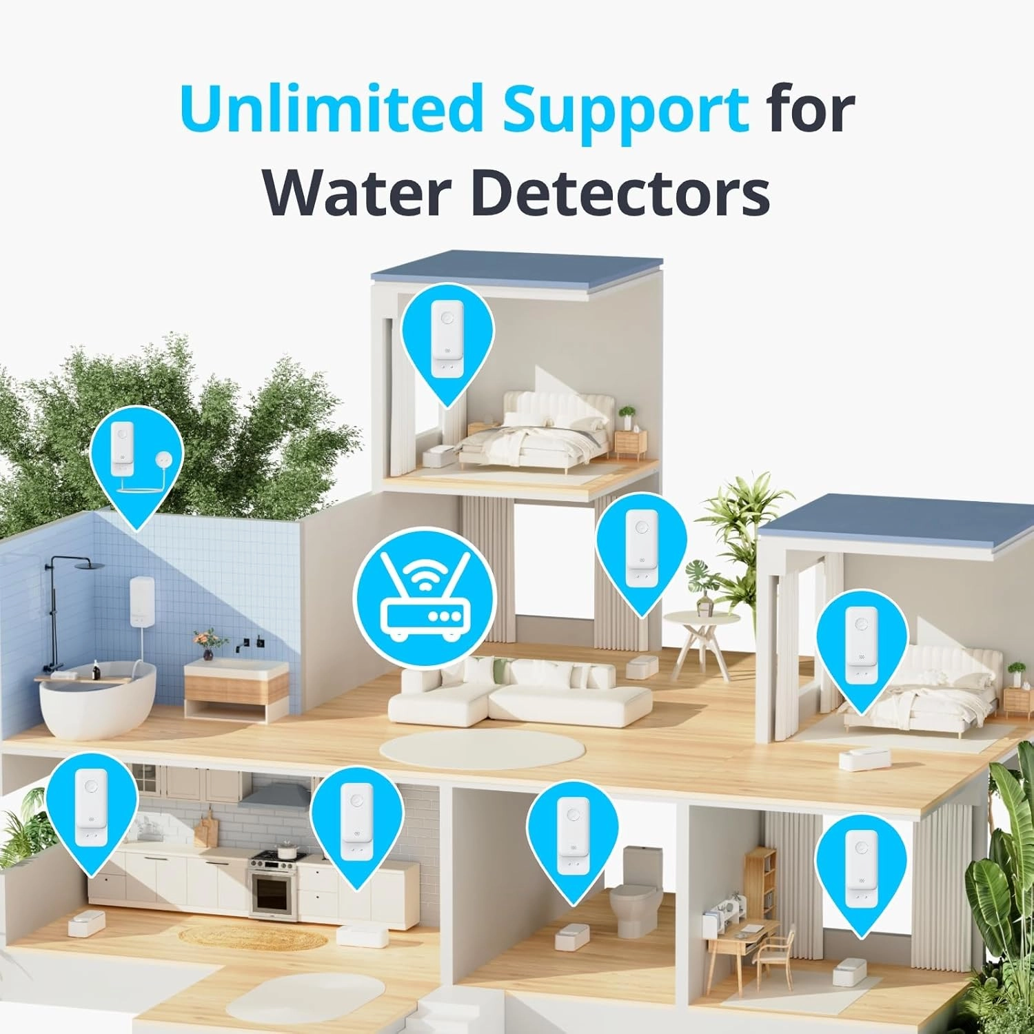 SwitchBot WiFi Water Sensor 4 Pack, Smart Water Leak Detector, 100dB Adjustable Alarm & App Alerts, IP67 Waterproof, Wireless Detector for Kitchen, Bathroom, No Hub Required (Only Support 2.4G)
