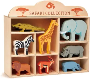 Tender Leaf Toys Safari Animals – 8 Wooden Zoo Figurines with a Display Shelf -Classic Toy for Pretend Play – Develops Social, Creative & Imaginative Skills – Learning Role Play – Ages 3  Years