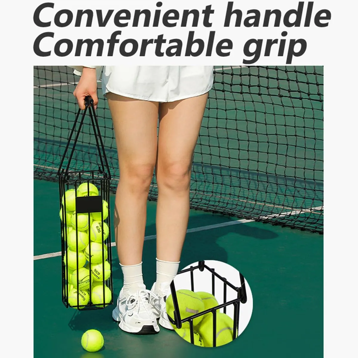 Tennis Ball Hopper, Tennis Balls Basket, Portable Pickleball Collector with Waist Ball Bag - Large Capacity Carrier Picker Upper Caddy Easy Pick-Up