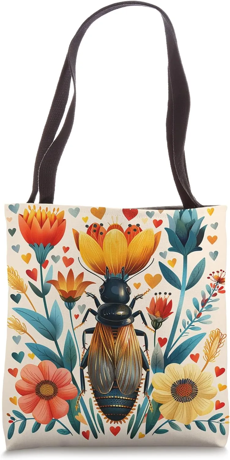 Termite Flowers With Hearts Around Boho Style Graphic Tote Bag