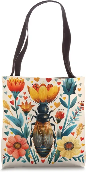 Termite Flowers With Hearts Around Boho Style Graphic Tote Bag
